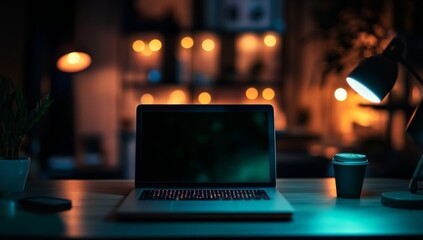 Laptop on a desk at night