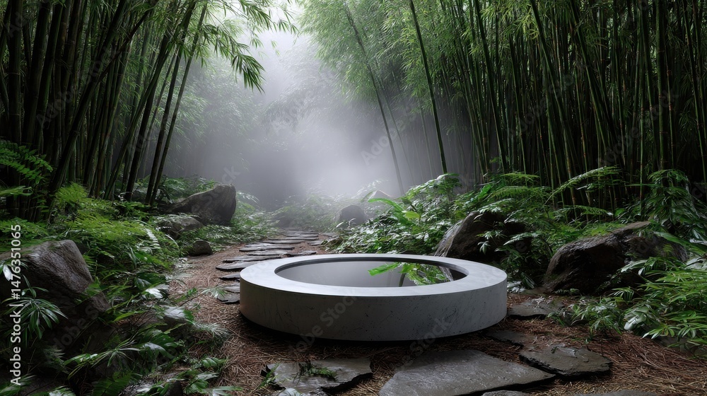 Poster a stone basin is in the middle of a forest