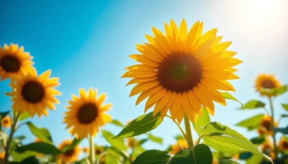 Obraz premium Two vibrant sunflowers bask in sunlight against a clear blue sky Plenty of copyspace, landscape, field