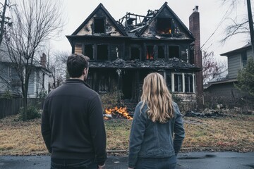 A couple stares at a burning house, destroyed by flames, with gloomy sky. This image shows loss, disaster, insurance, or the impact of a fire.