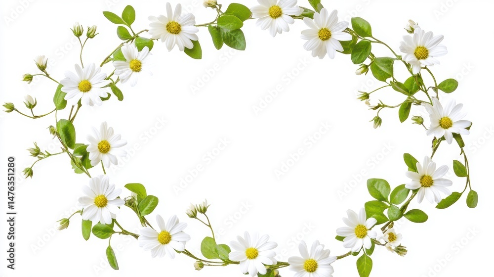 Poster white daisies and green leaves arranged in a circular frame on a white background.
