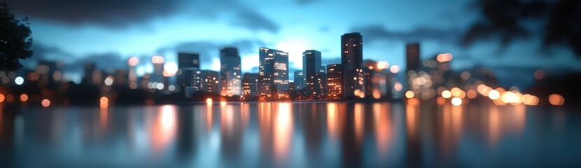 Fototapeta premium Blurred cityscape at twilight, reflecting on calm water