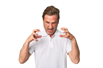 A middle-aged man isolated screaming with rage.