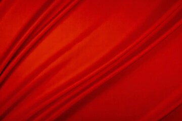 Red silk satin. Curtain. Luxury background for design. Shiny fabric. Wavy folds. Christmas, Valentine, Valentine's day, anniversary, awarding, festive. Web banner. Wide. Panoramic. Website header.