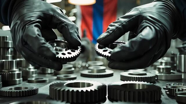 Close-up of gloved hands handling precision metal gears on a workshop table surrounded by mechanical components in an industrial environment

