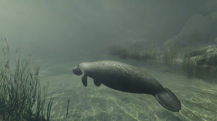 Fototapeta premium Underwater view of a gentle sea cow swimming.