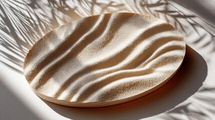 Fototapeta premium A wooden bowl with a sandy texture sits on a white surface