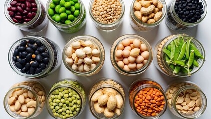 A Row of Sixteen Glass Jars Containing Various Beans, Seeds, and Nuts, Neatly Arranged on a Neutral Background