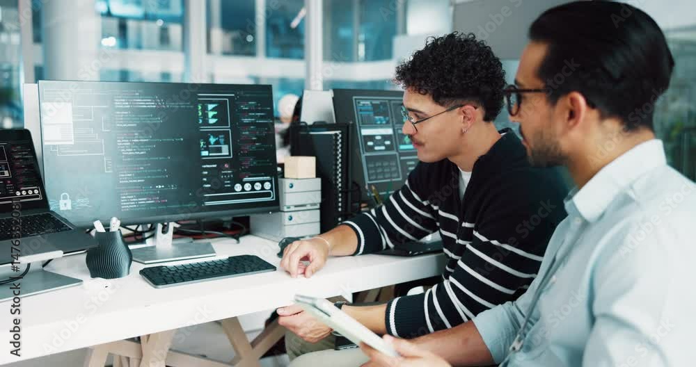 Poster Coding team, computer screen and men fist bump for success, complete project or goal. Happy, discussion or celebration for programming achievement, finish app or software development target in office