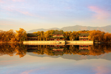 Beijing Summer Palace autumn landscape with lake and traditional buildings of pavilion and tower