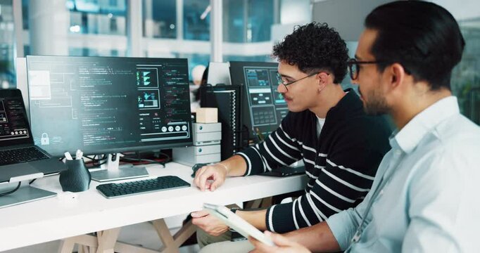 Coding team, computer screen and men fist bump for success, complete project or goal. Happy, discussion or celebration for programming achievement, finish app or software development target in office