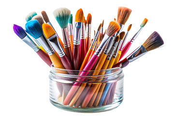 Fototapeta premium A Colorful Array of Brushes Resting in a Glass Jar on White Background. PNG