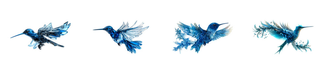 Obraz premium Four detailed turquoise hummingbird poses, isolated, cut out transparent