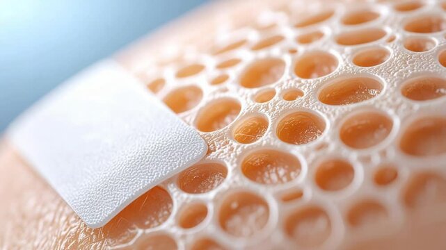 Close-up of textured surface with circular patterns and a bandage, showcasing intricate details