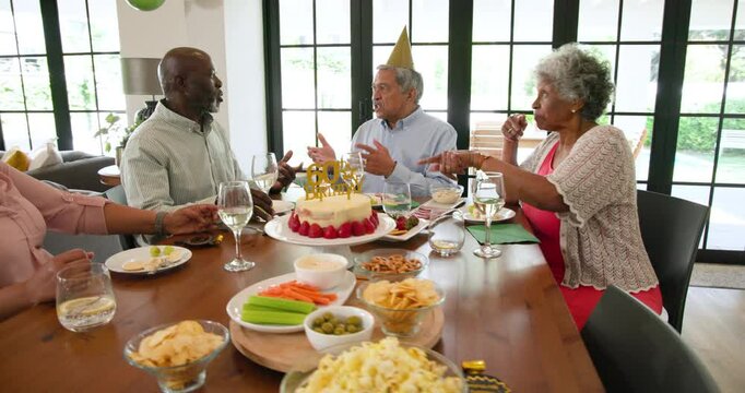 Group of happy senior multiracial, white and black male and female friends talking at a birthday par
