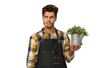 Young caucasian gardener man isolated on white background confused, feels doubtful and unsure.