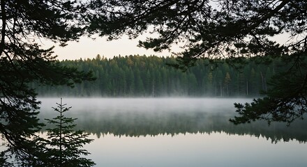 Foggy Lake Scene Framed by Pine Branches at Early Morning