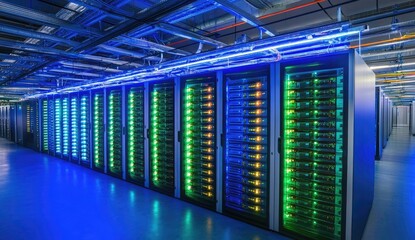 Vast server rack array,  illuminated with vibrant LEDs,  filled with high-tech computer hardware in a modern data center.  Numerous server cabinets,  