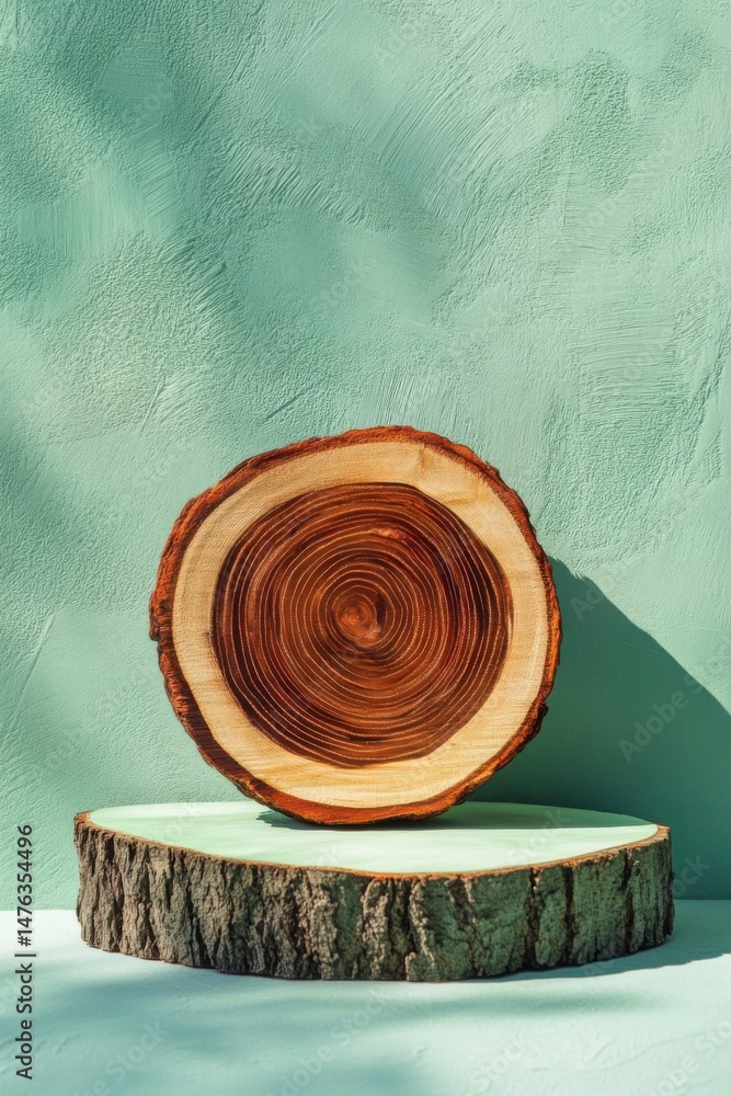 Poster wood slice display on podium against textured wall in studio setting with natural light and shadow p