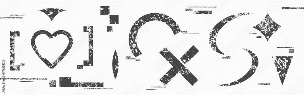 Poster glitchy distorted symbols set - heart, cross and abstract shapes with digital pixel noise texture, o