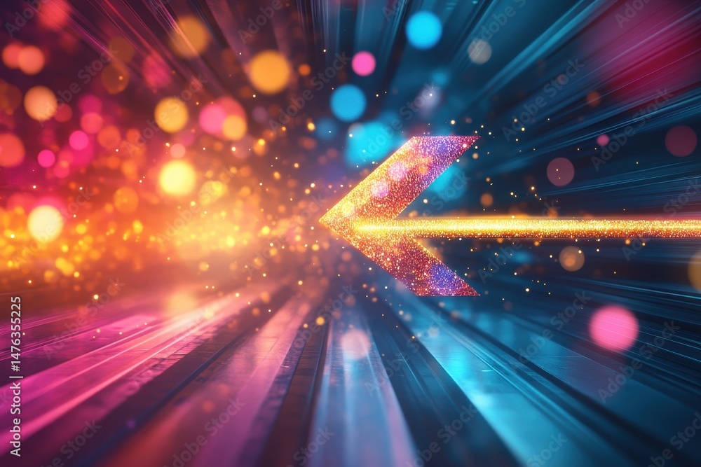 Poster glowing arrow points forward with colorful lights and streaks around it. use it to show progress, di
