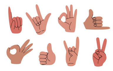 Hand gesture doodles set - various finger positions in sketched style. Thumbs up, peace sign, ok and rock symbol illustrations. Nonverbal communication signals, body language icons minimalist design.