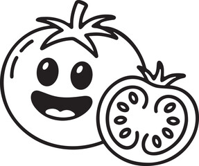 An outline art coloring page vector illustration of a smiling tomato.