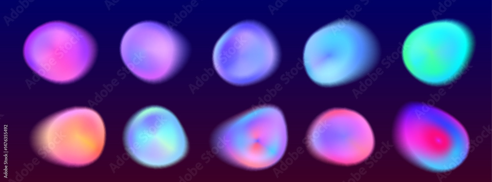 Poster luminous gradient aura circles set - vibrant neon colors iridescent round shapes collection on dark 