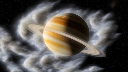 Fototapeta premium A vibrant depiction of a ringed planet amidst cosmic clouds.