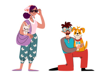 People with pets - young woman carrying little dog in bag, adult man holding puppy on knee. Concept of love and care for canine companions. Friendship with domestic animals. Persons beloved doggy.