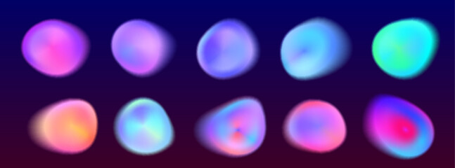 Luminous gradient aura circles set - vibrant neon colors iridescent round shapes collection on dark background. Colorful glowing orbs for magical energy design. Blurry radiant abstract blobs.