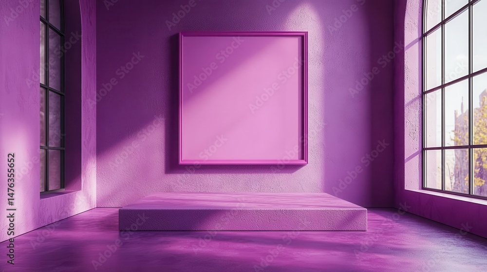 Poster a minimalistic purple wall room featuring large windows and an empty frame ready for artwork display