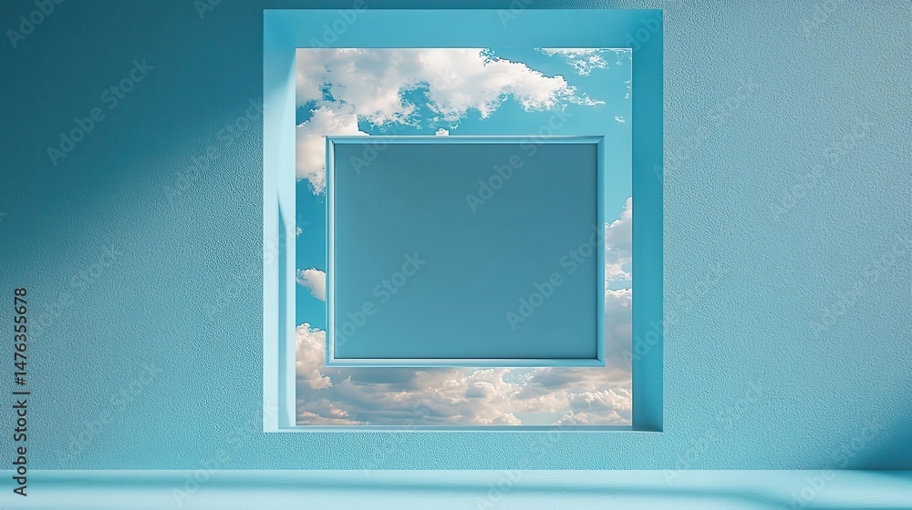 Poster a minimalistic room with a window showcasing a beautiful sky, emphasizing tranquility and modern des