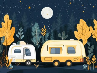 Two campers parked in forest under moonlit starry sky at night illustration style