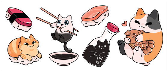Kawaii food cat stickers - anime style kitties on chopsticks, in soy sauce bottle, hugging fish shaped cookie, lying on rice as sushi. Cute Japanese cuisine illustrations for restaurant decor.