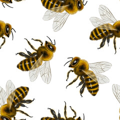 Bee pattern, drawing made in digital watercolor style. Perfect for fabric, wrapping paper, scrapbooking, cards, print, background, packaging, invitations, and seasonal decorations.