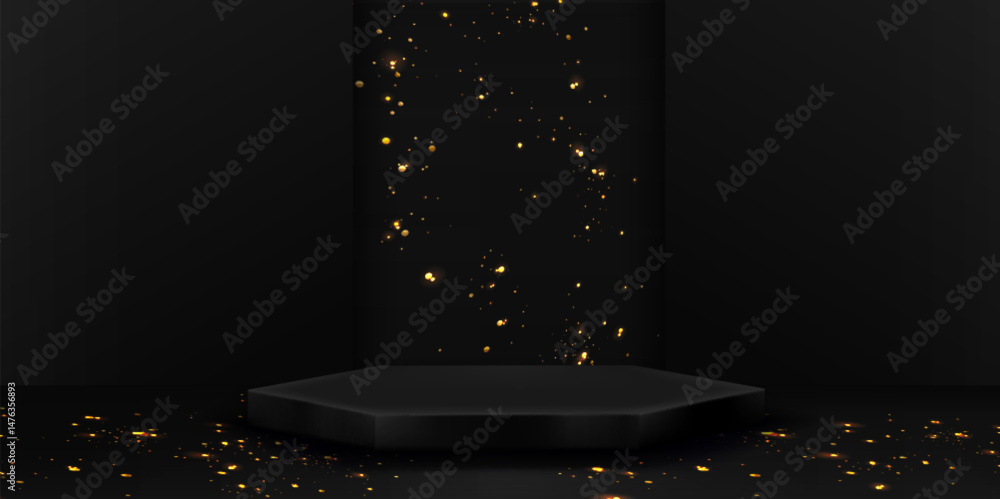 Poster black podium with gold glitter - empty dark hexagonal stage illuminated by sparkling golden bokeh li