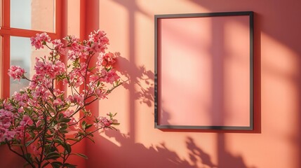 A serene interior with pink walls, a blooming flower, and natural sunlight creating a warm atmosphere.