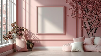 A serene pink room with a blank canvas, plants, and cushions creating a cozy and inviting atmosphere.