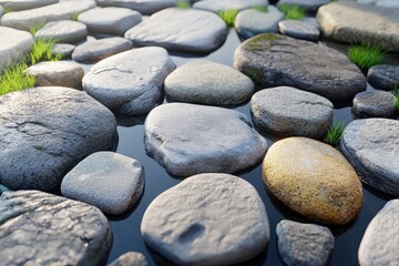 A 90 degree overhead view showcases smooth river stones in various shades of gray and beige