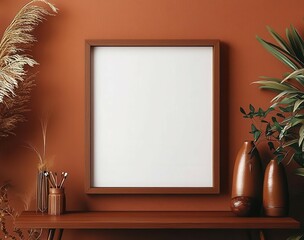 realistic photo of a cinnamon brown blank photo frame mock-up on a cinnamon brown wall, warm and inviting, exceptional design, high-resolution image