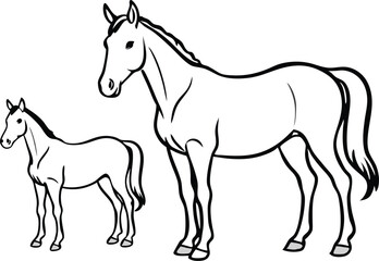 An adult horse and a foal standing a short distance apart within the same frame line art illustration