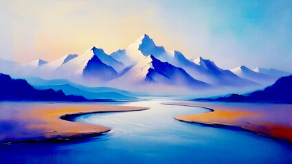 Minimalist impressionist painting of mountains and rivers