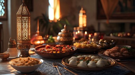 Obraz premium Rendered scene of an iftar meal setup with traditional dishes