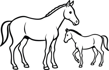 Obraz premium An adult horse and a foal standing a short distance apart within the same frame line art illustration