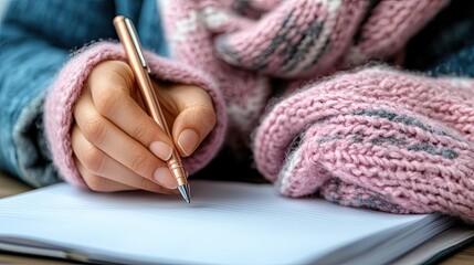 Woman writing in winter.