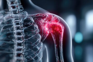 Illustration highlights shoulder joint with glowing red area ind