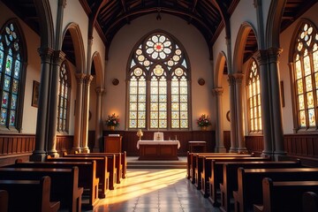 Fototapeta premium Serene interior of a traditional church, showcasing stained glass and altar , devotion, orthodox, historical
