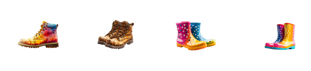 Collection of Boots, Shoes, Footwear, and Rainboots, cut out transparent