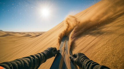 Man sandboarding down steep dune under bright sun in desert adventure